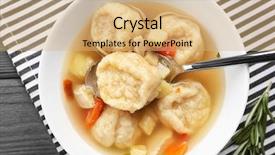  Presentation with dining table - Presentation theme enhanced with portion of delicious chicken and dumplings on dining table background and a coral colored foreground