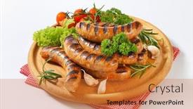  Presentation with vegetable cutting board - Cool new slide deck with portion of grilled sausages with vegetable side dish on a wooden cutting board with napkin backdrop and a red colored foreground