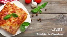  Presentation with food lasagna - Amazing slide deck having portion of tasty lasagna backdrop and a gray colored foreground