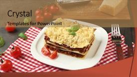  Presentation with food lasagna - Presentation design featuring portion of tasty lasagna background and a coral colored foreground