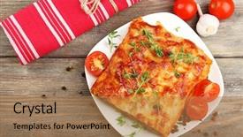  Presentation with food lasagna - Slides having portion of tasty lasagna close background and a coral colored foreground