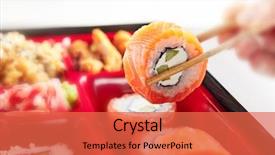 Presentation with main course - Beautiful slides featuring portions - peace of sushi rolls backdrop and a red colored foreground