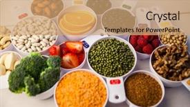  Presentation with healthy - Amazing PPT layouts having portions - portion cups of healthy ingredients backdrop and a coral colored foreground