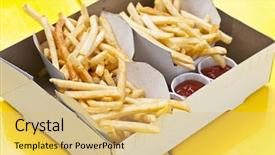  Presentation with ketchup - Theme with portions of french fried potatoes with ketchup in cardboard take-out box background and a yellow colored foreground