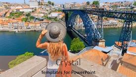  Presentation with destination - PPT theme having porto-travel-destination-woman-enjoying background and a coral colored foreground