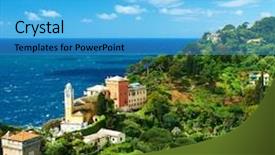  Presentation with coast - Beautiful theme featuring portofino village on ligurian coast in italy backdrop and a light blue colored foreground