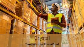  Presentation with black business - PPT theme enhanced with portrait-african-black-warehouse-supervisor background and a gold colored foreground