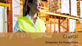  Presentation with forklift - PPT theme consisting of portrait-asian-female-warehouse-worker background and a gold colored foreground