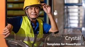  Presentation with warehouse - Presentation enhanced with portrait-asian-male-warehouse-worker background and a tawny brown colored foreground