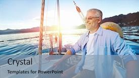  Presentation with sails sailing yacht catamaran sailing - PPT theme consisting of portrait at sunrise on boat background and a light blue colored foreground