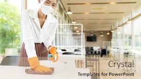  Presentation with face mask - Presentation theme featuring portrait-attractive-asian-waitress-wear background and a soft green colored foreground