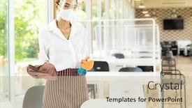  Presentation with face mask - PPT theme featuring portrait-attractive-asian-waitress-wear background and a mint green colored foreground