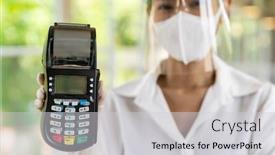  Presentation with contactless - Slides having portrait-attractive-asian-waitress-wear background and a light gray colored foreground