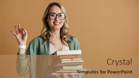 Presentation with college education happy smiling - Colorful presentation design enhanced with portrait-attractive-young-happy-smiling backdrop and a coral colored foreground