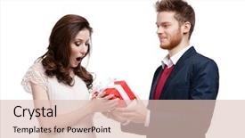  Presentation with anniversary - Presentation theme enhanced with portrait beautiful christmas girl giving gift - man wonders his pretty girlfriend background and a lemonade colored foreground