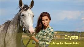  Presentation with horse hair - Presentation having portrait beautiful woman long hair next horse background and a tawny brown colored foreground