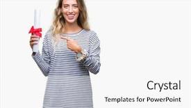  Presentation with certificate - Beautiful slides featuring portrait certificates - beautiful young blonde woman holding backdrop and a white colored foreground