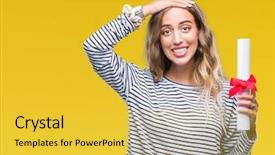  Presentation with certificate - Cool new PPT theme with portrait certificates - beautiful young blonde woman holding backdrop and a yellow colored foreground