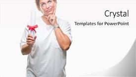  Presentation with certificate - Slides enhanced with portrait certificates - senior caucasian woman holding degree background and a white colored foreground