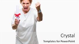  Presentation with certificate - Cool new PPT layouts with portrait certificates - senior caucasian woman holding degree backdrop and a white colored foreground