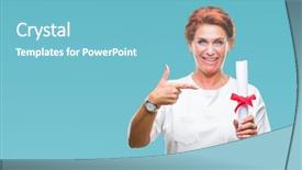  Presentation with certificate - Theme featuring portrait certificates - senior caucasian woman holding degree background and a light blue colored foreground