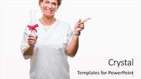  Presentation with certificate - PPT theme having portrait certificates - senior caucasian woman holding degree background and a white colored foreground