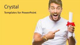  Presentation with 360 degree cameras - Audience pleasing slides consisting of portrait certificates - young handsome man holding degree backdrop and a yellow colored foreground