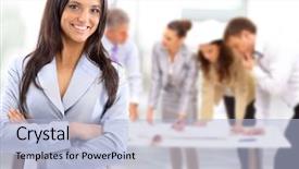 Presentation with team meeting - Amazing presentation theme having portrait charismatic woman meeting team working background backdrop and a light blue colored foreground