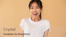  Presentation with basic - Presentation design featuring portrait closeup of ecstatic asian woman wearing basic t-shirt laughing and looking at camera isolated over beige background in studio background and a lemonade colored foreground