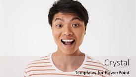  Presentation with emotions - Slide deck having portrait closeup of excited and happy chinese man 20s wearing striped t-shirt smiling with perfect teeth and looking at you isolated over white background concept of emotions background and a lemonade colored foreground