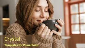  Presentation with tea coffee - Beautiful slide set featuring portrait closeup of glad smiling woman in knitted sweater sitting at table in cafe and drinking cup of tea or coffee backdrop and a tawny brown colored foreground