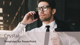  Presentation with formal jacket - Slide set featuring portrait closeup of young businessman dressed in formal suit standing outside glass building with jacket over his shoulder and talking on mobile phone background and a soft green colored foreground