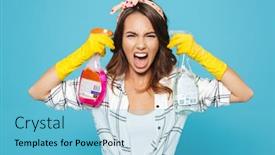  Presentation with rubber gloves - PPT layouts enhanced with portrait closeup of young woman 20s in yellow rubber gloves for hands protection screaming while holding two detergent sprayers during cleaning isolated over blue background background and a light blue colored foreground