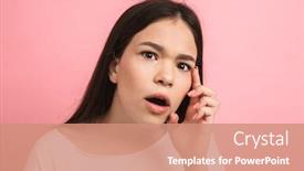  Presentation with youthful - Cool new presentation theme with portrait closeup of youthful excited girl in casual wear looking at camera with open mouth isolated over pink background backdrop and a coral colored foreground
