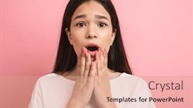  Presentation with youthful - Presentation theme having portrait closeup of youthful surprised girl in casual wear looking at camera with open mouth isolated over pink background background and a coral colored foreground