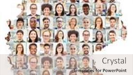  Presentation with people collage - Presentation design featuring portrait-collage-of-business-people background and a soft green colored foreground