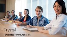  Presentation with office room - PPT layouts having portrait creative business team in meeting room at office background and a coral colored foreground