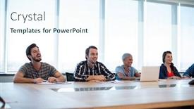  Presentation with office room - Beautiful slide deck featuring portrait creative business team in meeting room at office backdrop and a sky blue colored foreground