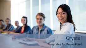  Presentation with office room - Slide deck having portrait creative business team in meeting room at office background and a teal colored foreground