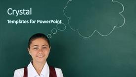  Presentation with naughty girl is standing - Cool new slide set with portrait cute dreaming schoolgirl classroom - beautiful little girl standing near backdrop and a  colored foreground