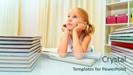  Presentation with leather year book - Audience pleasing presentation theme consisting of portrait cute dreaming schoolgirl classroom - five year old girl sitting backdrop and a sky blue colored foreground
