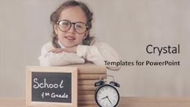  Presentation with subtle books - Beautiful slides featuring portrait cute dreaming schoolgirl classroom - smiling little pupil with books backdrop and a mint green colored foreground