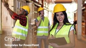  Presentation with reopen - Presentation design enhanced with portrait-female-white-caucasian-warehouse background and a coral colored foreground