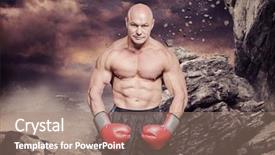  Presentation with flexing - Beautiful theme featuring portrait full length of bald boxer flexing muscles against rock crashing down from cliff backdrop and a coral colored foreground