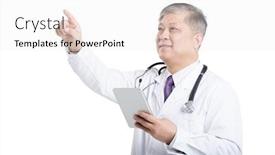  Presentation with senior asian - Slide deck having portrait gesture of senior asian man doctor in white with stethoscope and digital tablet background and a sky blue colored foreground