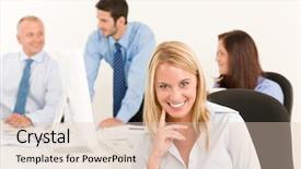  Presentation with team - Slide deck with portrait happy colleagues around table background and a  colored foreground