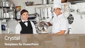  Presentation with waiter - Slide deck featuring waiter taking customer's food background and a coral colored foreground