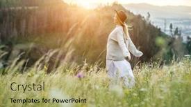  Presentation with green travel - Cool new PPT layouts with portrait-happy-woman-enjoying-sunset backdrop and a yellow colored foreground