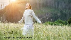  Presentation with green travel - Slide deck with portrait-happy-woman-enjoying-sunset background and a mint green colored foreground