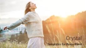  Presentation with green travel - Amazing slide set having portrait-happy-woman-enjoying-sunset backdrop and a coral colored foreground